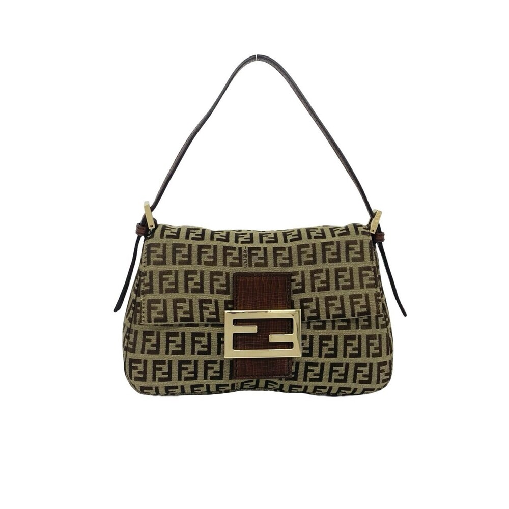 FENDI Vintage Zucchino FF Pattern Logo Hardware Canvas Leather Mini Handbag B...